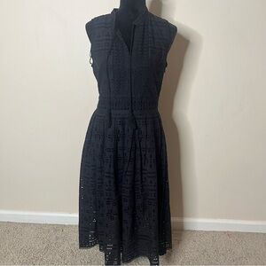 KAARI Blue Women’s Black Eyelet V~Neck Tassel Tie Pleated Cotton Midi Dress Sz 8